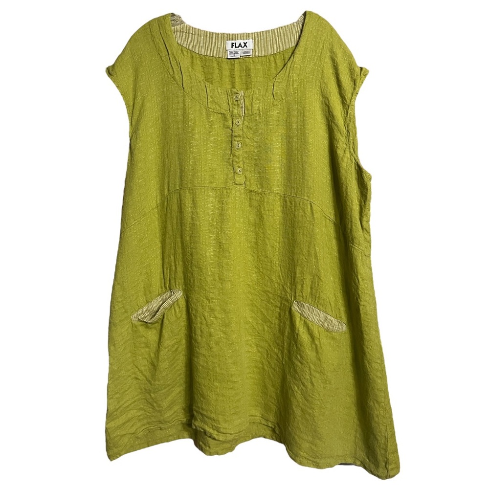 Flax Linen Green Pop Over Tunic Top Pockets Sz 1X 1G EUC
